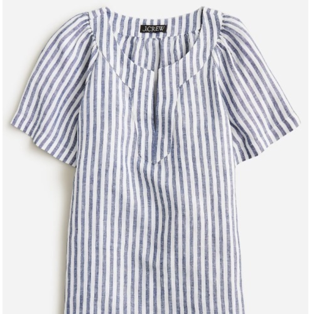 J. Crew  Flutter Sleeve Linen V-Neck Blue White Striped Top 2023 Size‎ XS BRO064